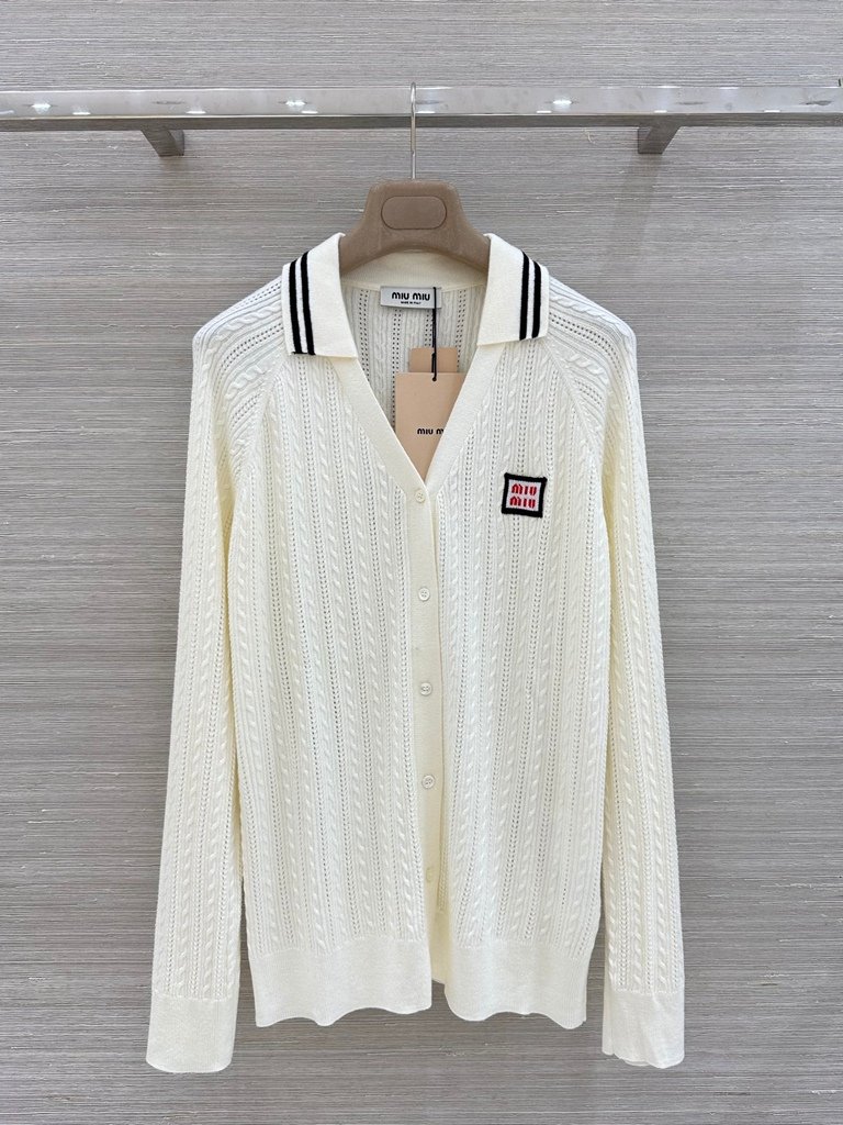 Miu Miu Cream Cable Knit Polo Collar Striped Trim Logo Patch Button Front Knit C